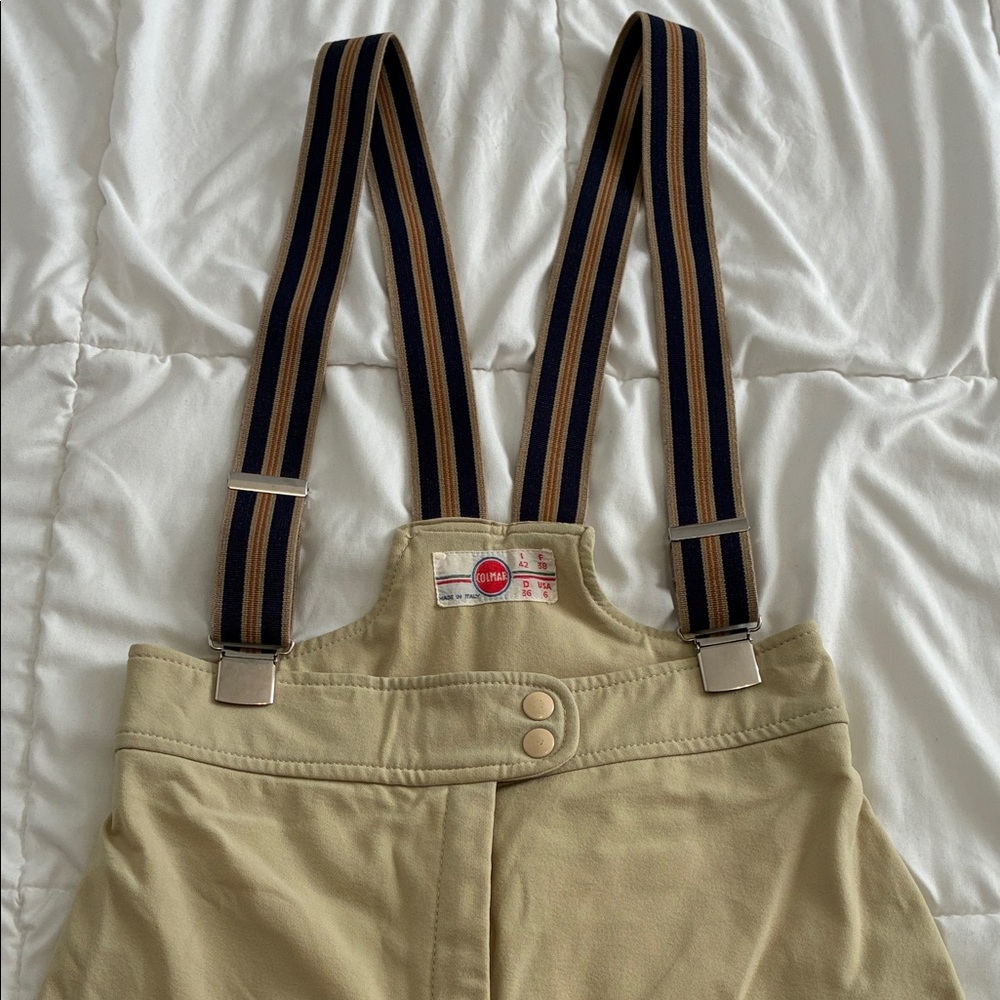 Vtg Colmar Women's Ski Pants Jumpsuits with Striped Suspenders Beige Size 6 - Picture 3 of 16